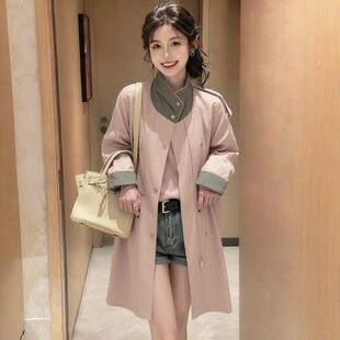 早春小香风高级感超好看小个子中长版粉色风衣外套女2026春新款