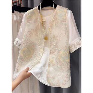 超火夏装一整套高级感套装新中式国风女装2025新款马甲短袖两件套