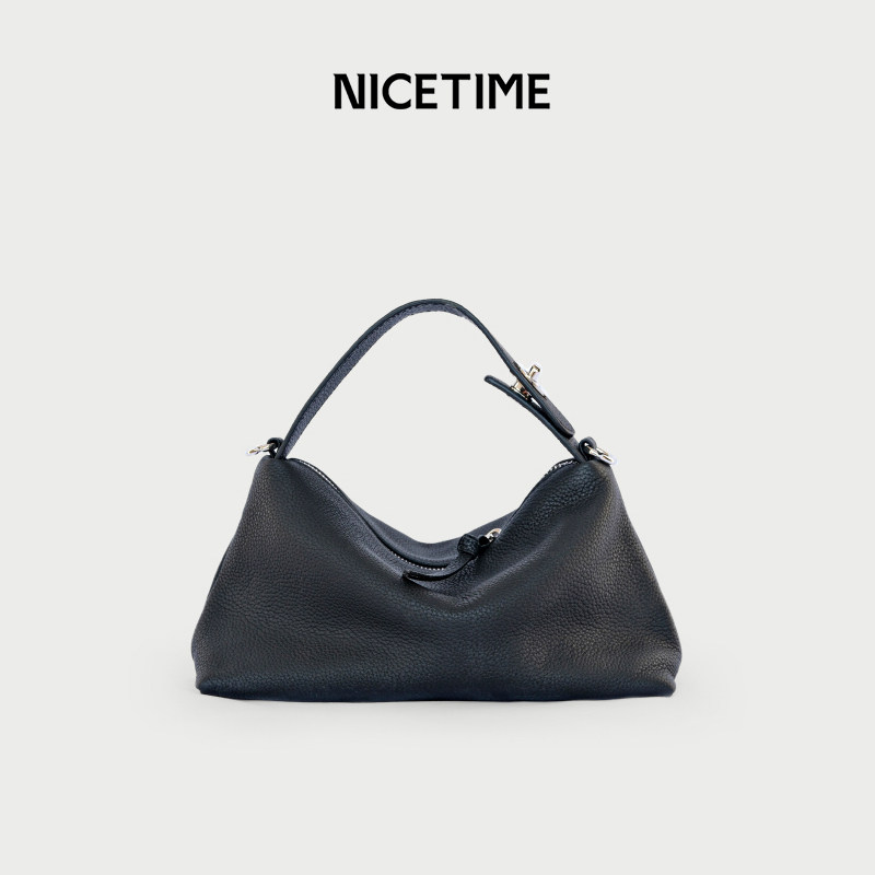 NICETIME头层牛皮饭盒包女士荔枝纹手提包简约大气百搭斜挎包