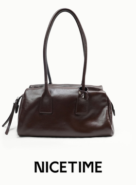 NICETIME复古波士顿手提包高级植鞣牛皮单肩包通勤法棍女士包包