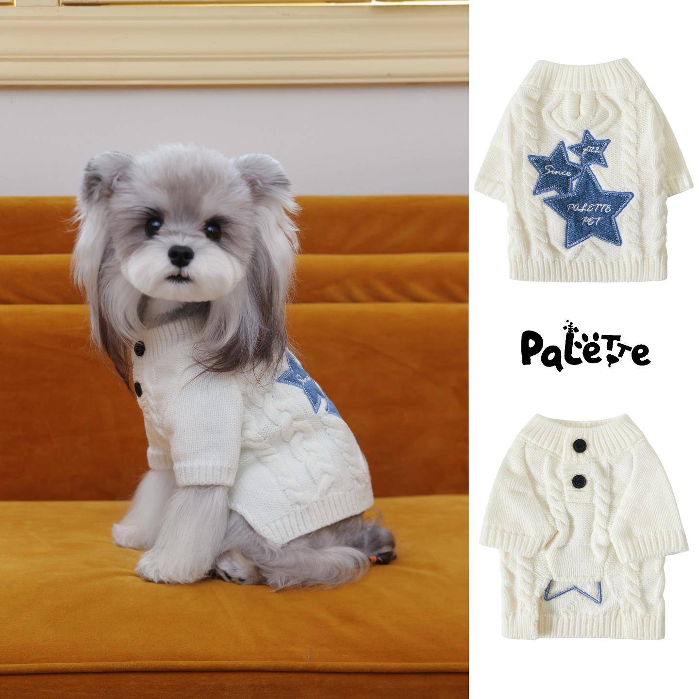 PalettePet秋冬宠物服装猫咪狗狗白色刺绣星星牛仔贴布短袖毛衣