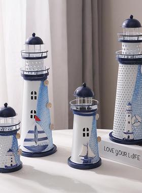 地中海铁皮电子灯塔摆件可发光桌面海洋风拍摄影道具边旅游纪念品