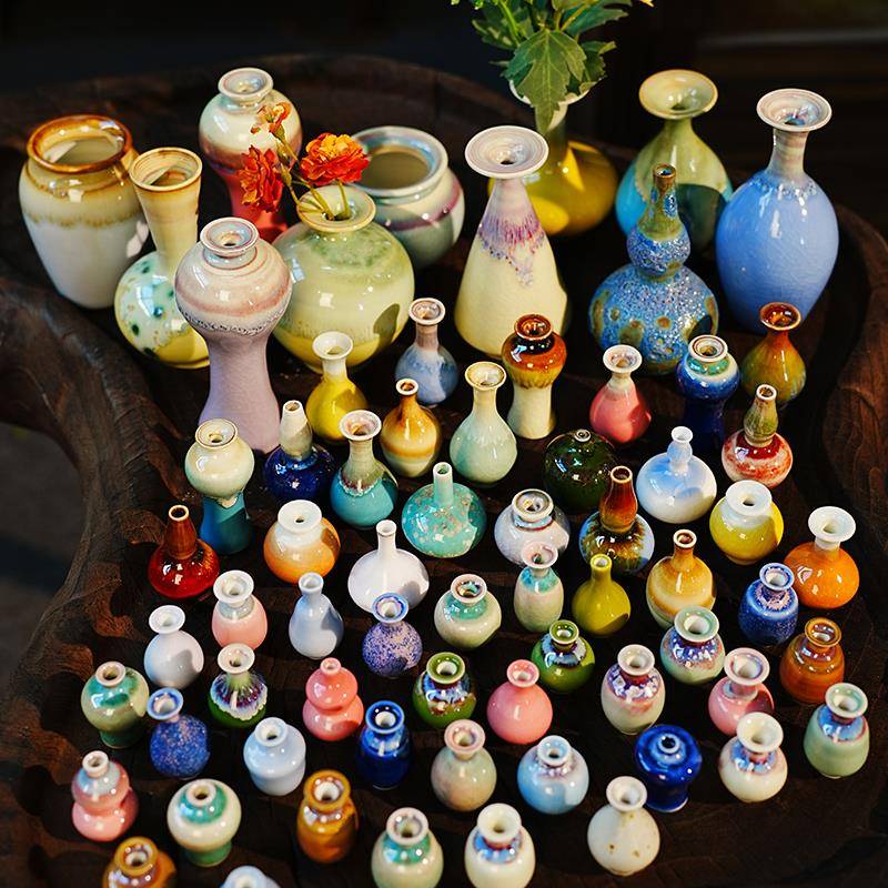 文创景德镇窑变小花瓶干花博古架装饰品桌面茶桌迷你指尖花器陶瓷