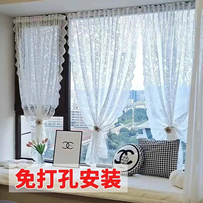 法式复古纱帘精致飘窗内开窗魔术贴免打孔蕾丝田园窗帘门帘隔断帘