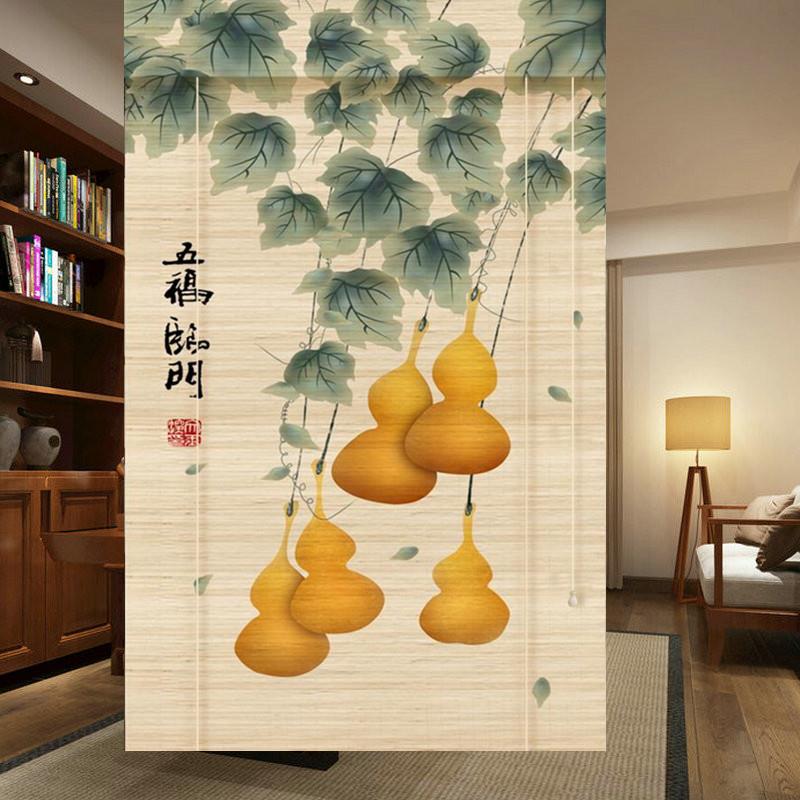 【定制】覆古印花竹帘卷帘帘盲提升帘挂画茶室装修遮光隔断卷门帘