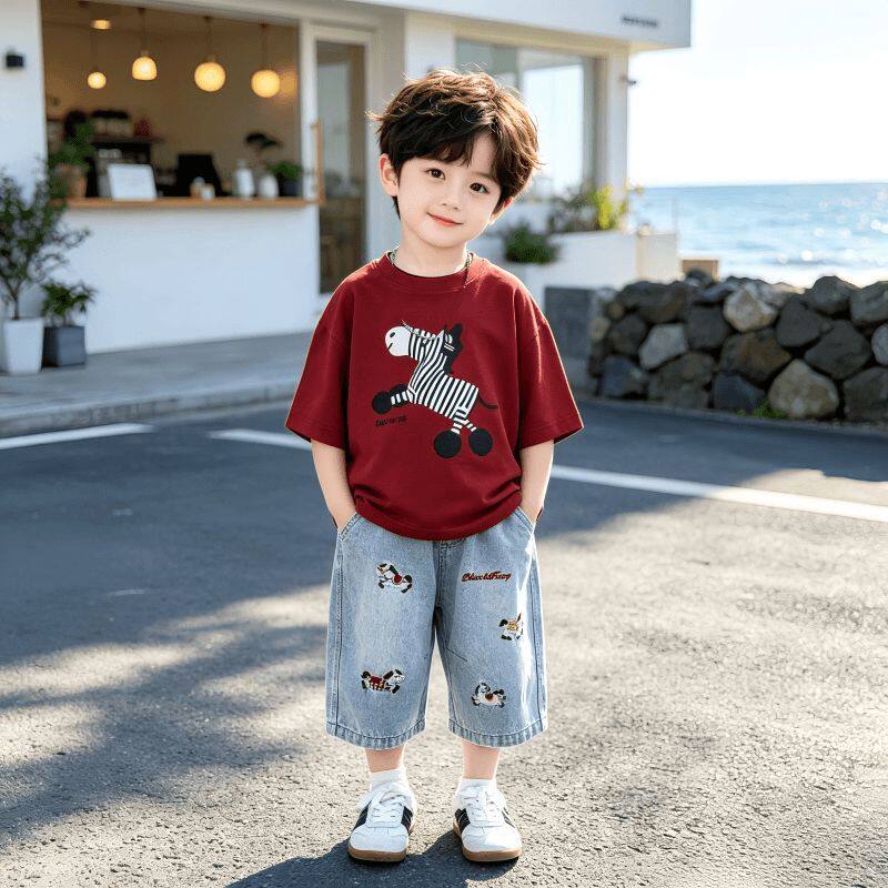 男童短袖套装2026夏季新款男宝宝牛仔短裤两件套儿童夏天酷帅衣服
