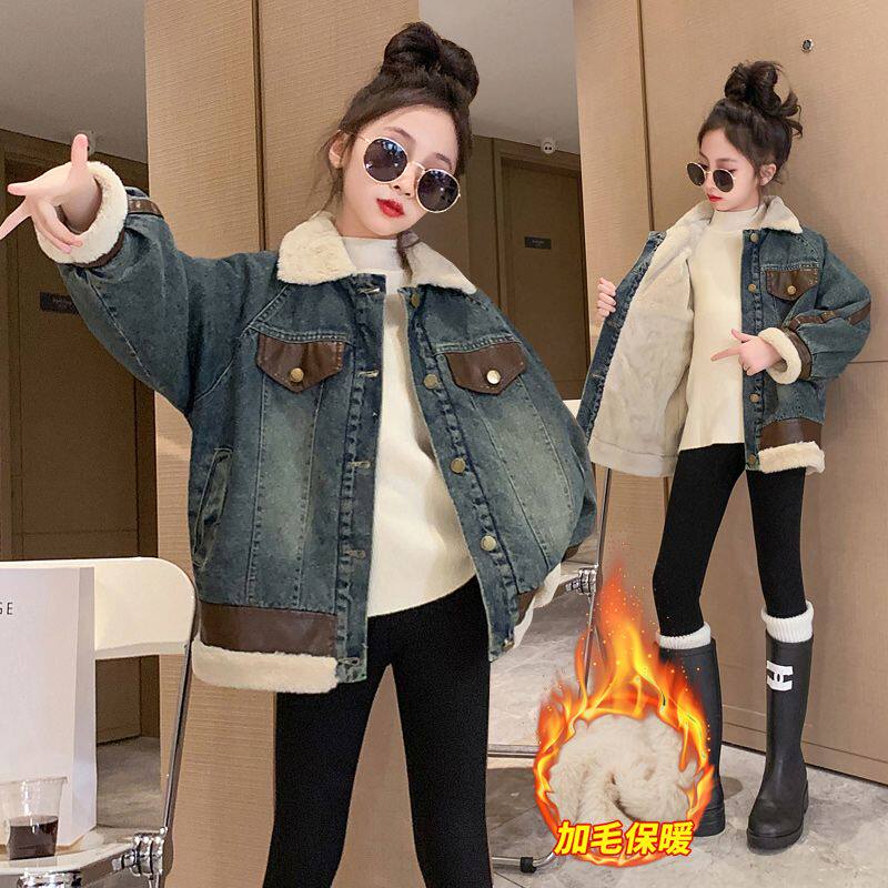 女童加绒牛仔外套2025冬装新款洋气女大童外套加厚棉服冬款韩版潮