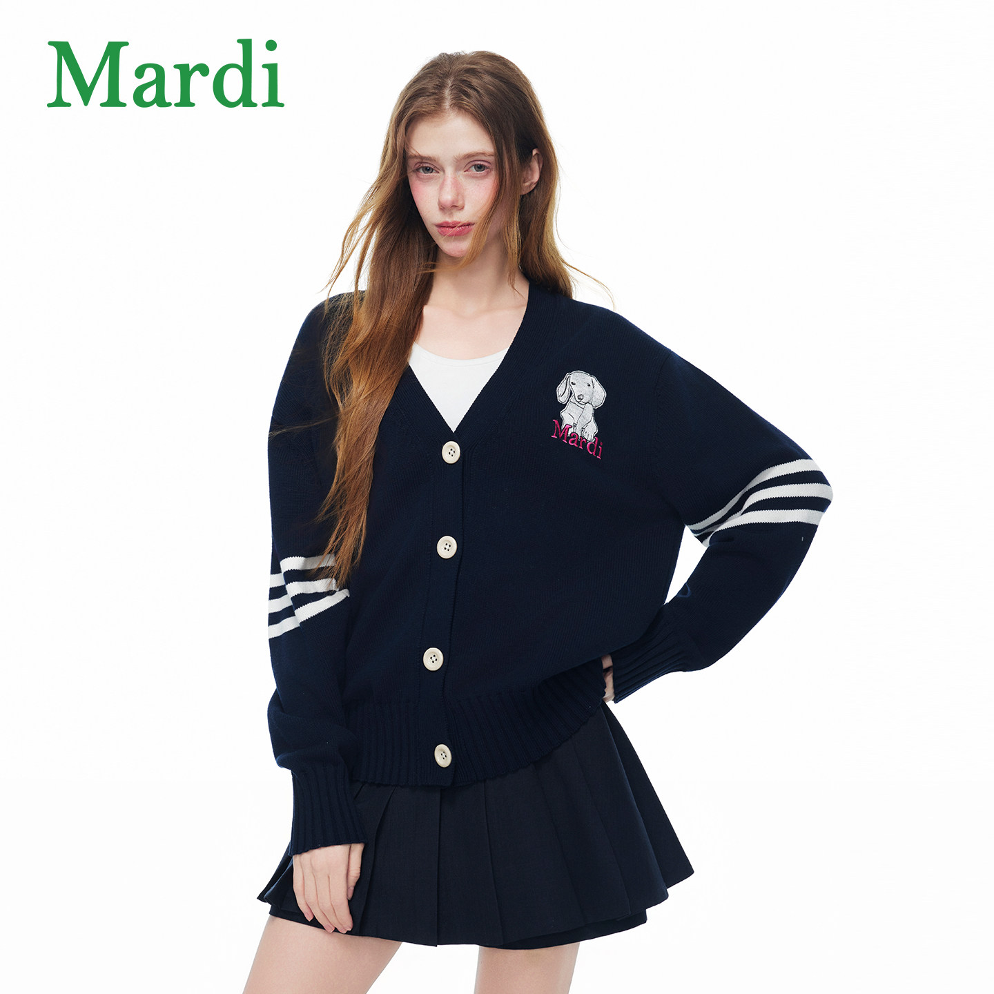 MARDI/玛尔帝针织开衫春款学院风休闲毛衣百搭显瘦长袖条纹小狗