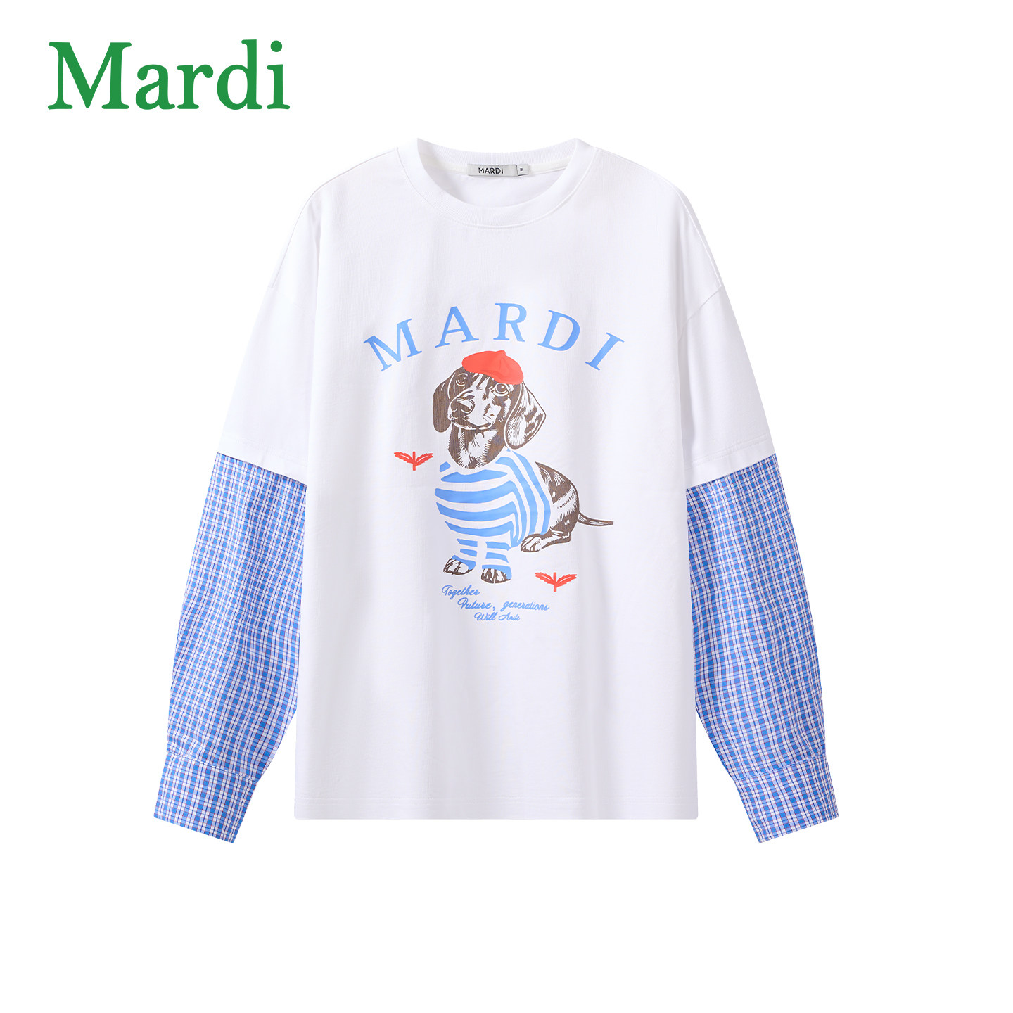 MARDI/玛尔帝腊肠狗印花T恤女时尚假两件长袖圆领宽松上衣甜美