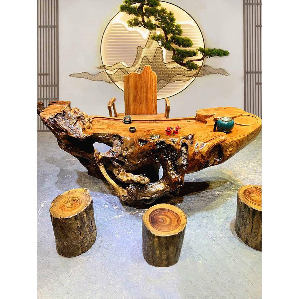 根雕茶台实木树根阳台小茶桌整体香樟木金丝楠木雕功夫茶几椅组合