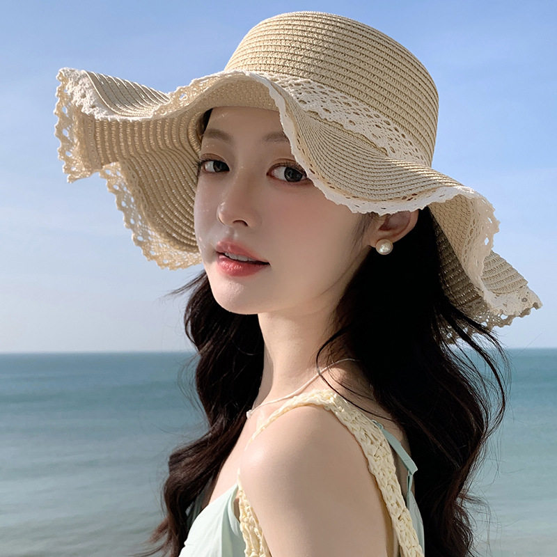 法式花边蕾丝草帽女夏凉帽防晒海边沙滩遮阳帽大帽草编渔夫遮阳帽