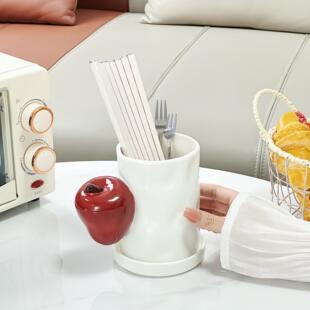 苹果把手筷笼子陶瓷家用高档抗菌防霉筷子筒厨房台面沥水收纳桶