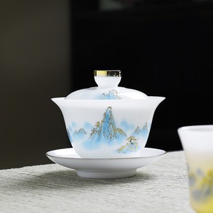 中国白盖碗茶杯整套茶具高档Z伴手送礼 冰种羊脂玉瓷功夫茶具套装