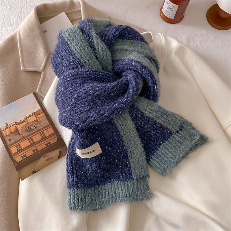 高级感针织围巾冬季感百搭加厚蓝色保暖毛线围脖针织护颈韩版学生