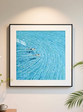 蓝色海洋风景玄关挂画北欧简约风游泳客厅装饰画芯松弛感高级壁画