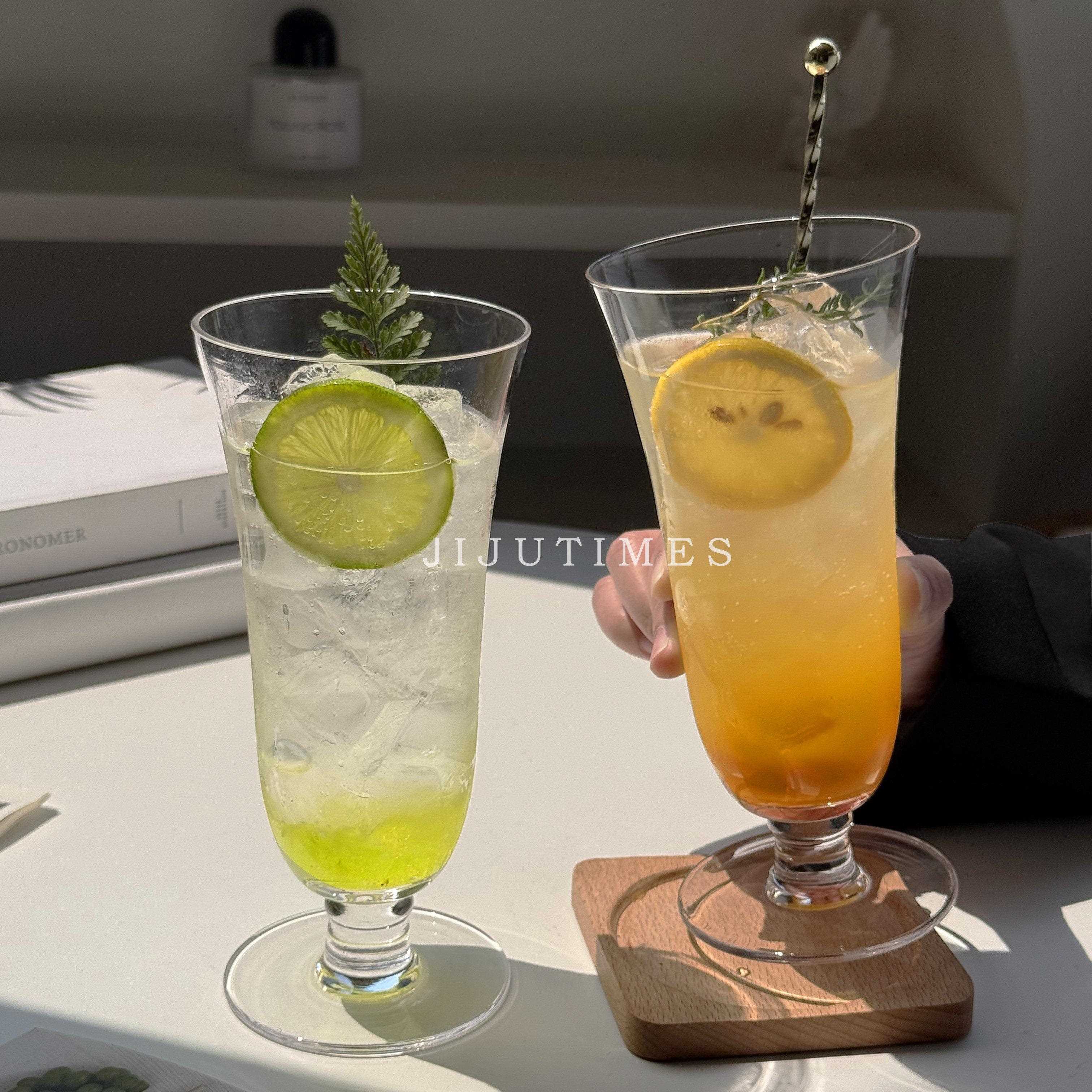 简约ins风果茶玻璃杯夏天冷饮料果汁杯调鸡尾酒气泡水高脚酒杯