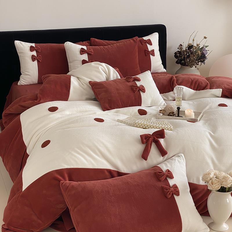 罗兰家纺高级感浪漫红色新婚庆牛奶绒四件套结婚床上喜被保暖被套