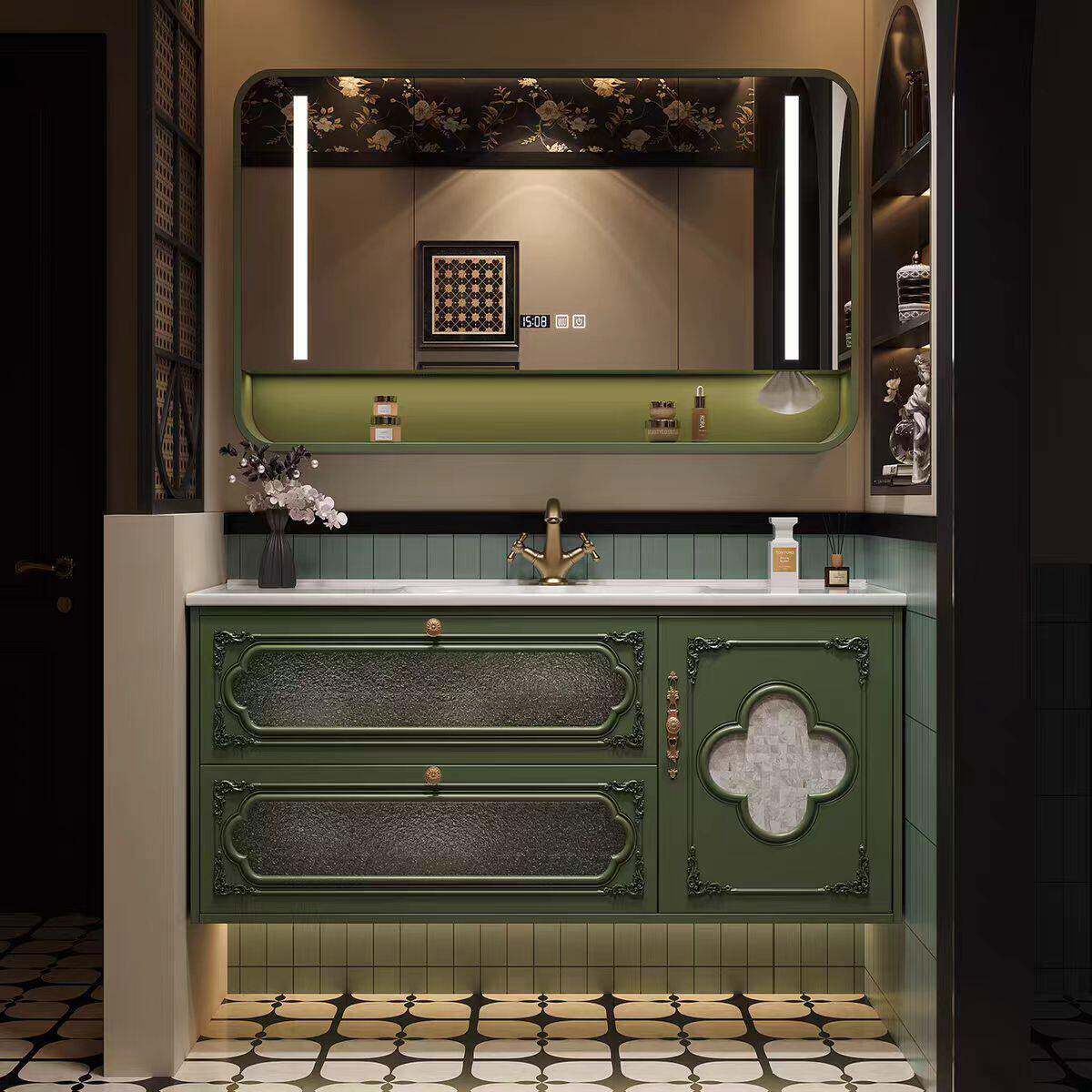法式橡木实木浴室柜陶瓷一体盆卫生间洗漱台绿色洗脸洗手盆柜组合