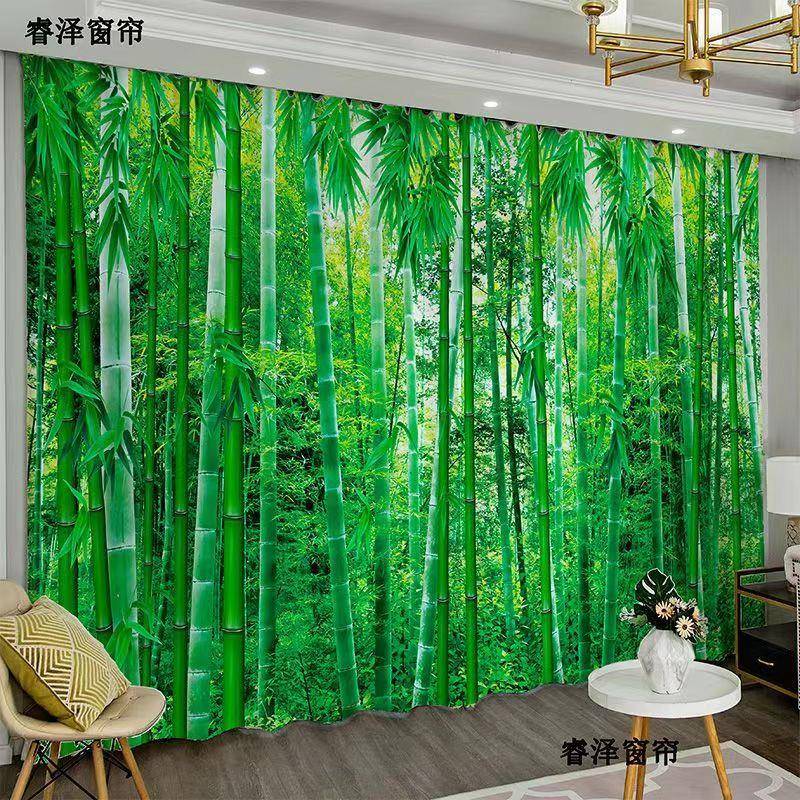 新中式绿色竹子遮光窗帘现高档大气卧室阳台客厅竹林定制成品窗帘