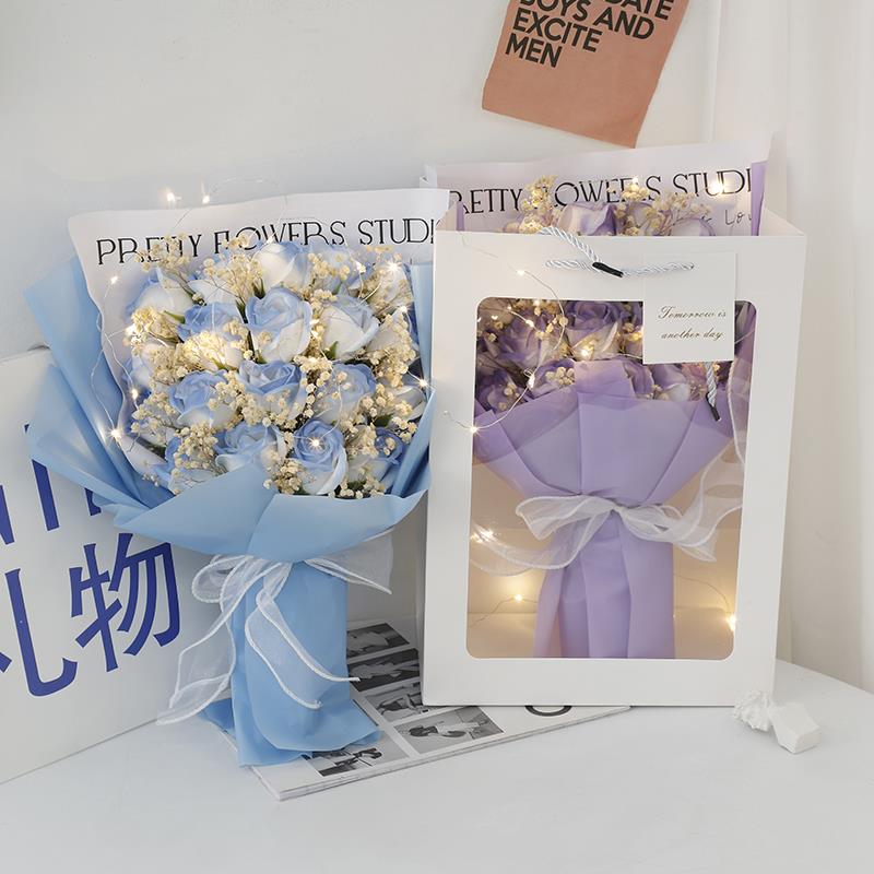 女神情人节19朵碎冰蓝玫瑰香皂花束满天星干花送女友老婆同事礼物