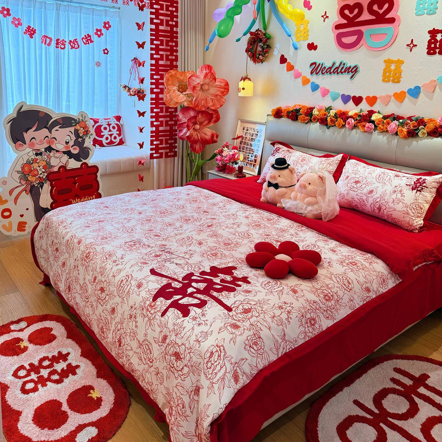 喜字刺绣婚庆四件套大红色床单被套婚房婚床喜被婚礼结婚床上用品