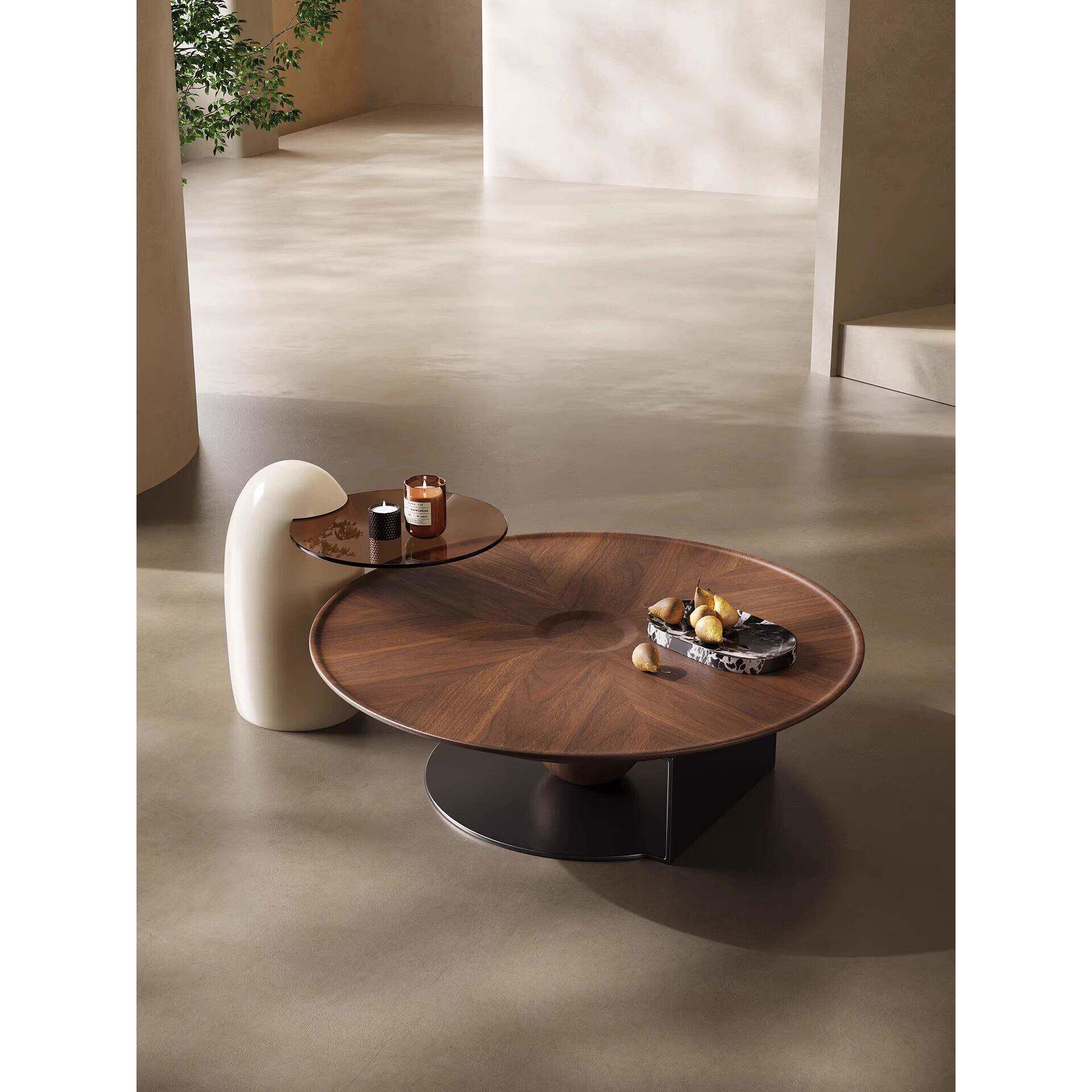 意大利极简主义圆形咖啡桌，彷古风格胡桃皮咖啡桌组合，客厅，小