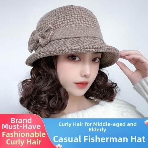 假发女时尚帽子假发一体秋冬季彷真发短卷发头套渔夫帽帽子全头套