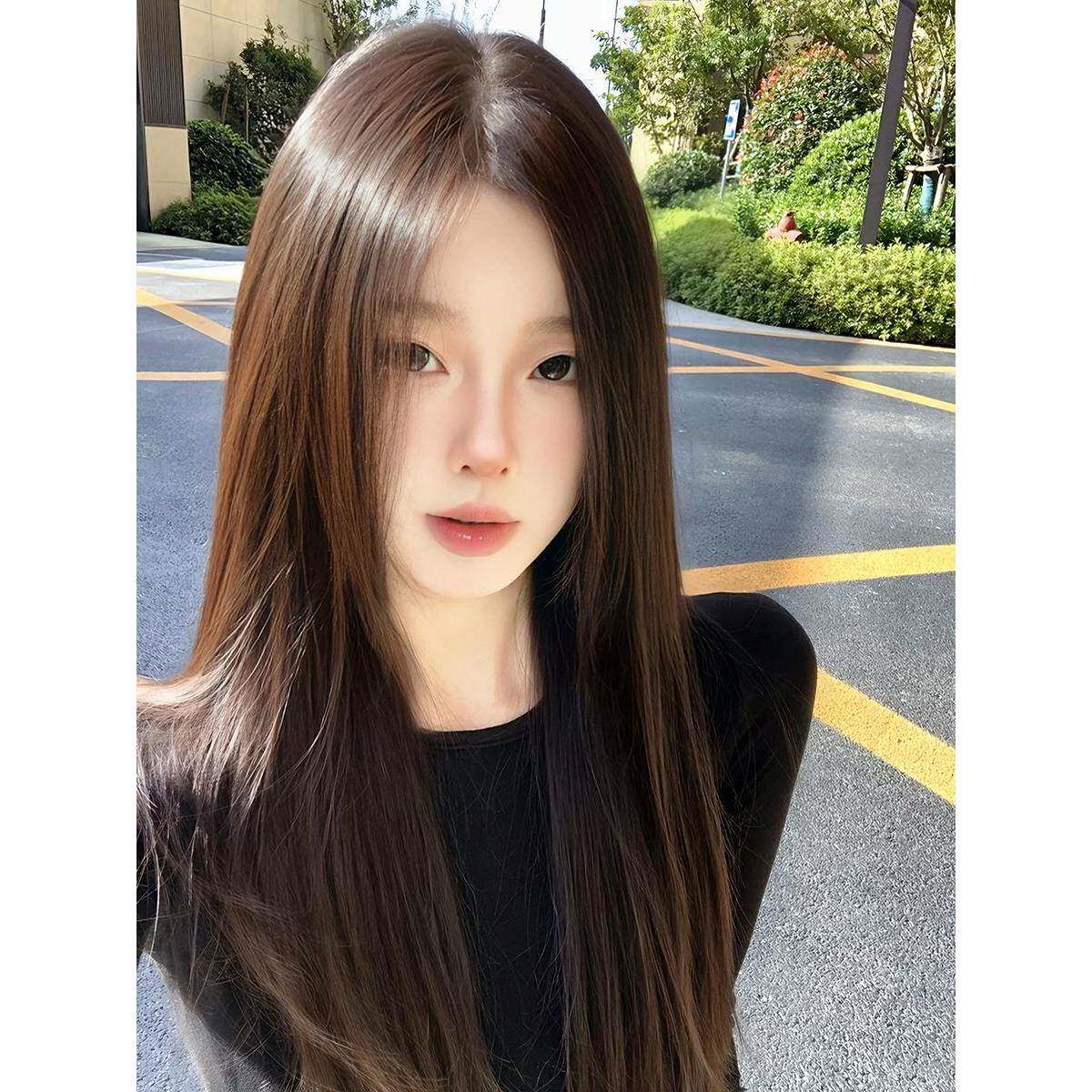 假发女性全头饰额头花边八字刘海黑色长直人造头发隐形无缝中分假