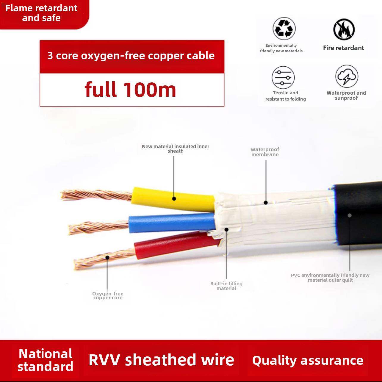 国标RVV2 3 4 5芯0.5 0.75 1.0 1.5 2.5平方电源线护套监控软电缆