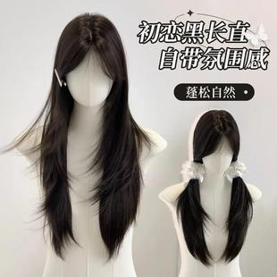 假发女黑茶色中分八字浏海高层次显白黑长直彷真发初恋自然全头套