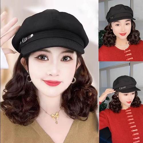 大头围帽子假发女全头套时尚减龄八角贝雷帽慵懒卷发一体彷真