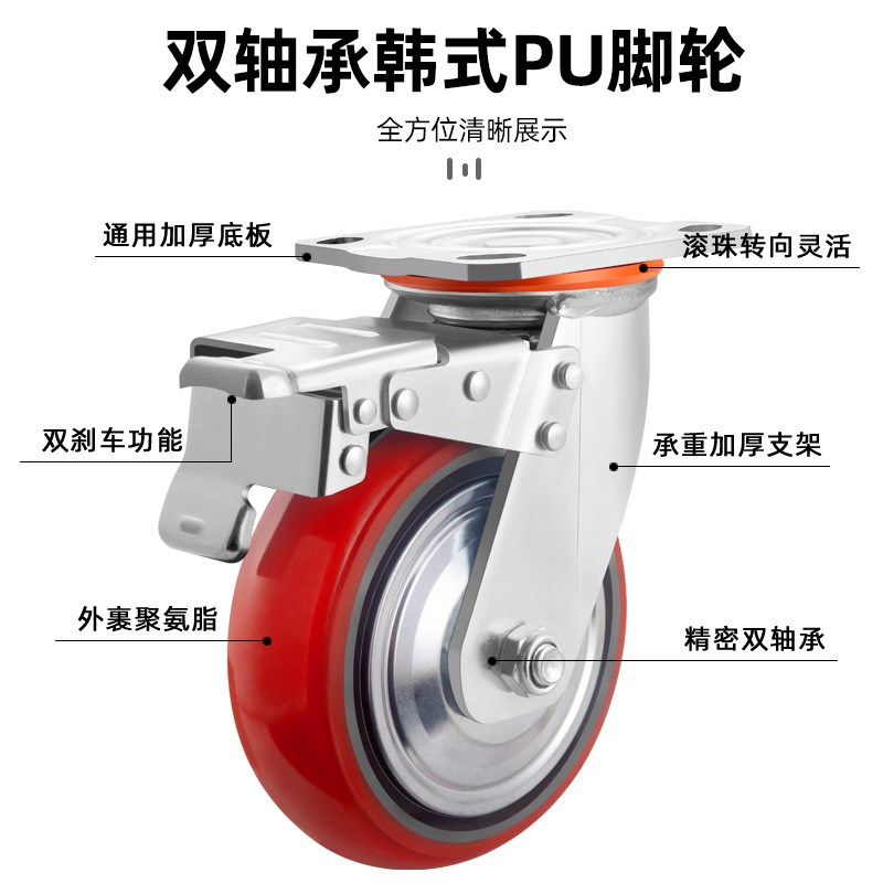 韩式重型脚轮铁芯万向轮4寸5寸6寸8寸IPU静音圆弧手推车轮定向轮