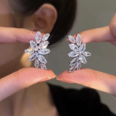 s925银针锆石花朵耳环叶子麦穗耳环气质高级大气轻奢风耳钉