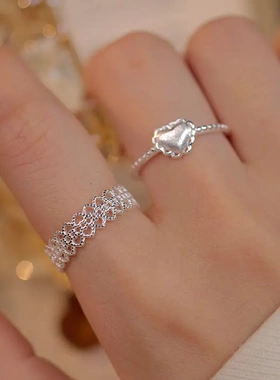 s925银韩系甜美蕾丝爱心戒指女小众轻奢ins风食指环可调节