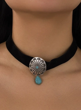 欧美饰品 时尚椭圆植绒布花纹项圈 水滴型合金绿松石项链