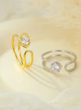 s925银欧美镂空双层锆石戒指女开口可调节小众简约时尚指环
