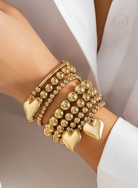 欧美饰品 个性简约珍珠串珠手链 时尚感爱心镂空braelet套装
