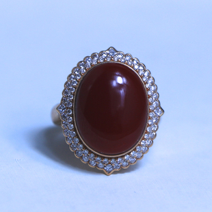 天然阿卡赤血红珊瑚大蛋面戒指18K玫瑰金钻石镶嵌豪镶