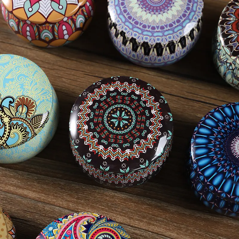 复古几何印花圆形大肚罐马口铁香薰蜡烛罐子糖果杂物收纳罐