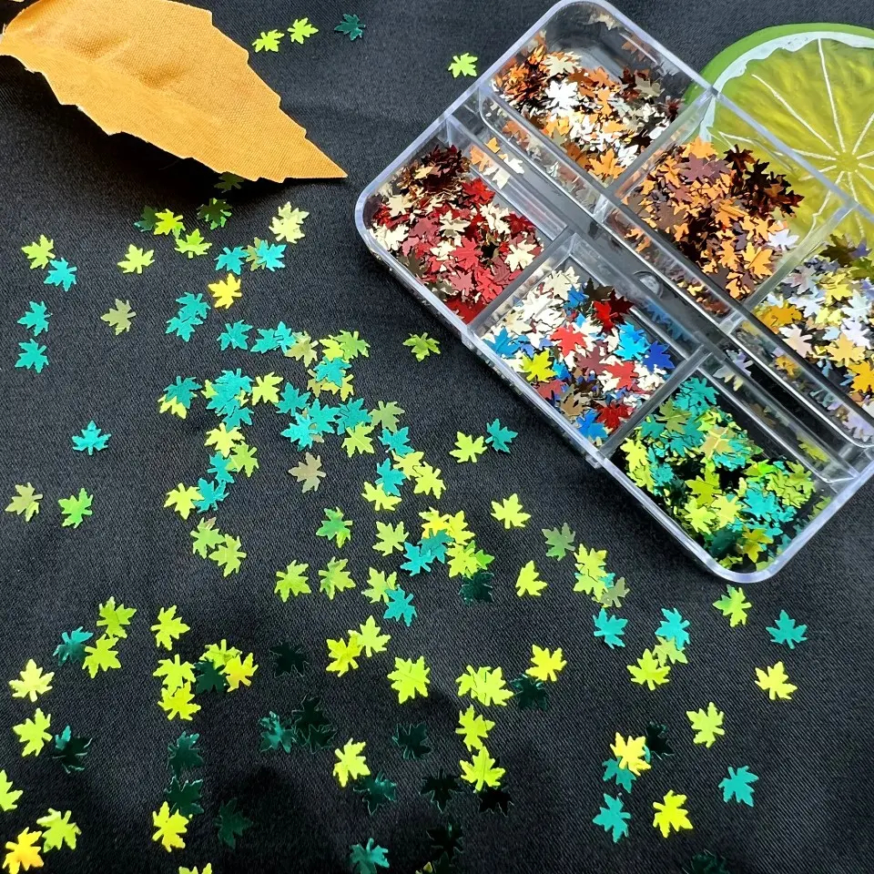 6格盒装24色金属色枫叶亮片镭射色树叶 2025秋季节美甲亮片
