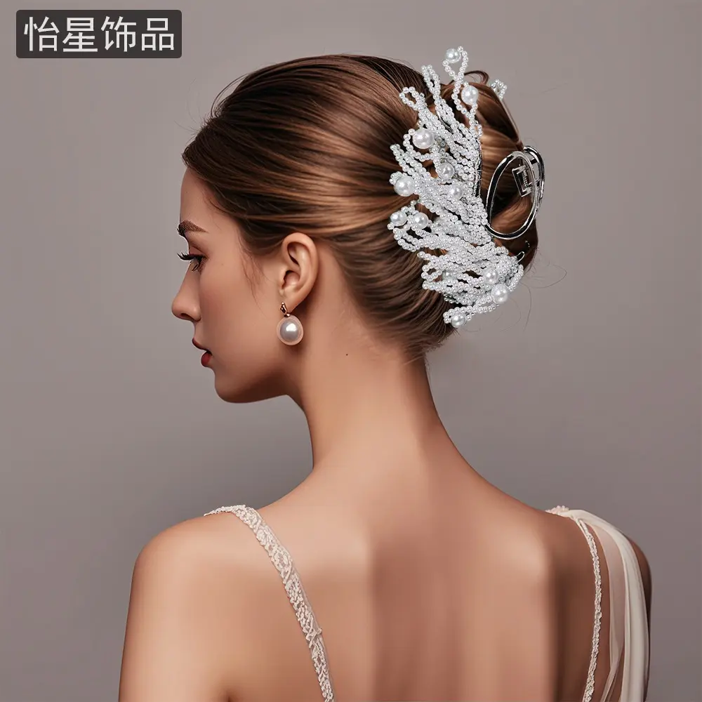 韩国新品手工串珠发夹轻奢珍珠马尾发抓夹网红高档发饰a219