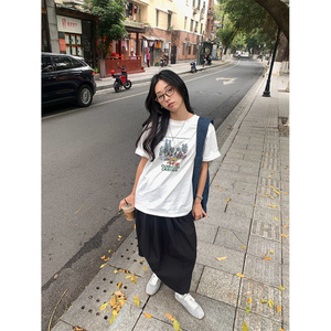 户外露营风卡通印花宽松短T恤女2025春夏时尚吸睛上衣510113