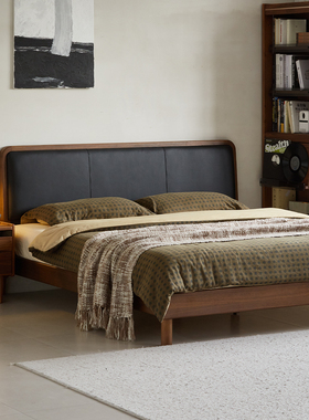 出乎生活川野软包床真皮实木床北美黑胡桃木主次卧小户型现代双人