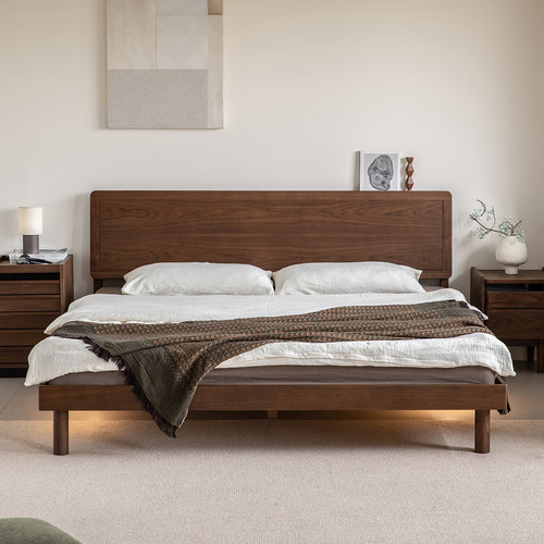 出乎生活木山床实木床北美黑胡桃木简约小户型家用卧室1米8双人床