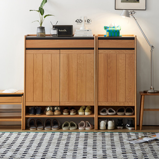 出乎生活海纳鞋柜实木超薄置物柜岩板日式樱桃木28cm厚翻斗鞋柜