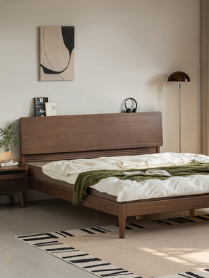 续写家具实木床黑胡桃木北欧卧室1米5小户型家用1米8双人床暮山