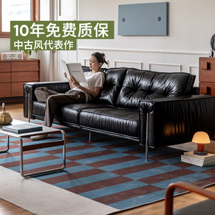 出乎生活松果真皮沙发中古风油蜡皮客厅简约头层牛皮直排三人位