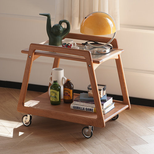 出乎生活悠悠小推车实木沙发边几樱桃木玻璃茶几可移动带轮小推车