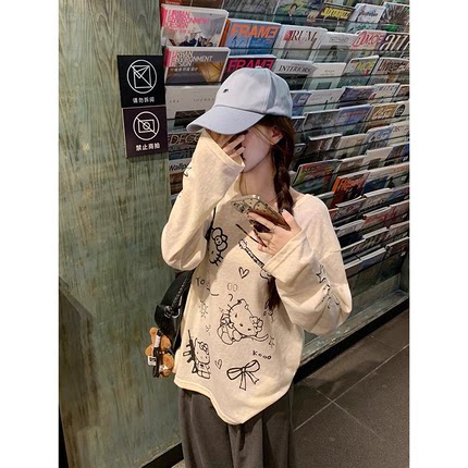 薄款卡通kitty印花长袖T恤女早秋季宽松慵懒风休闲打底衫百搭上衣