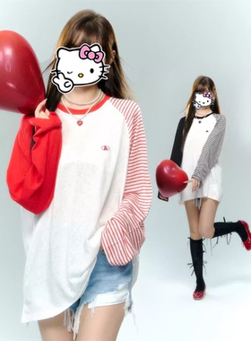 红色插肩袖条纹T恤女夏季薄款韩系慵懒风宽松休闲防晒上衣